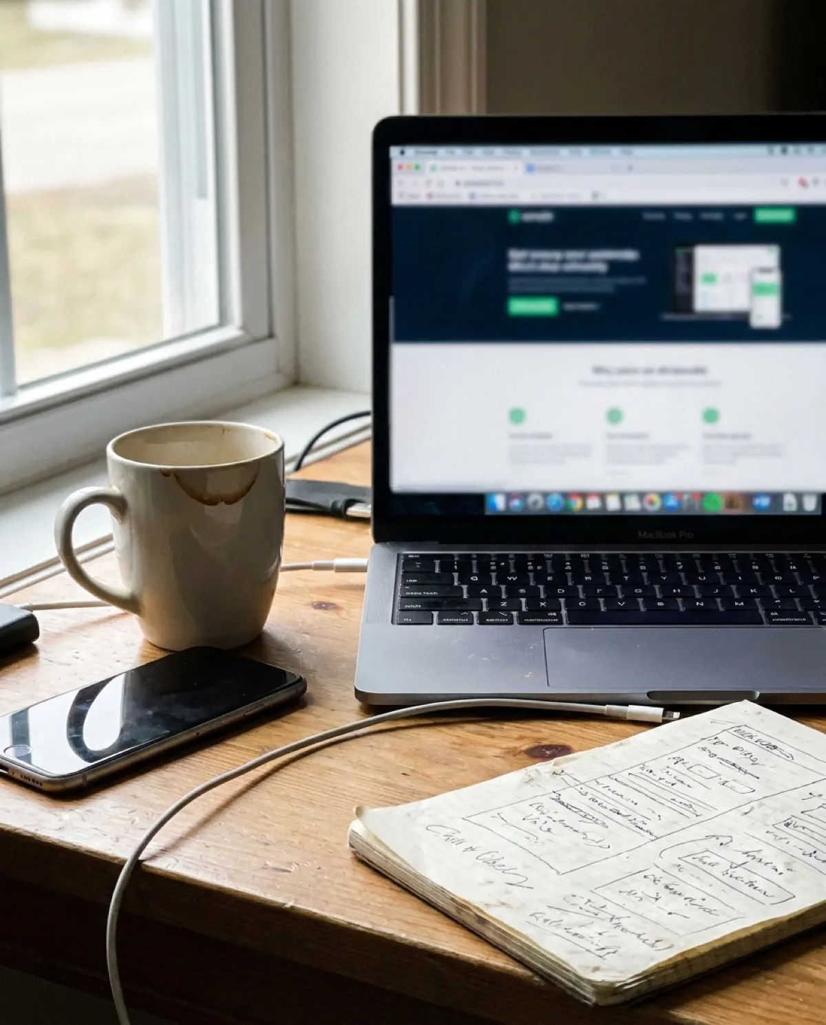 Working desk with laptop, notes, and coffee