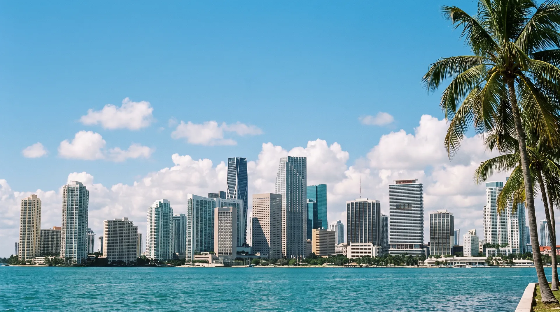 Miami skyline across Biscayne Bay on a clear morning